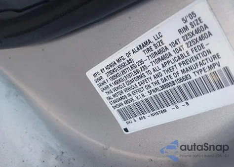 2005 Honda Odyssey Touring from USA, damaged, VIN 5FNRL38885B106683